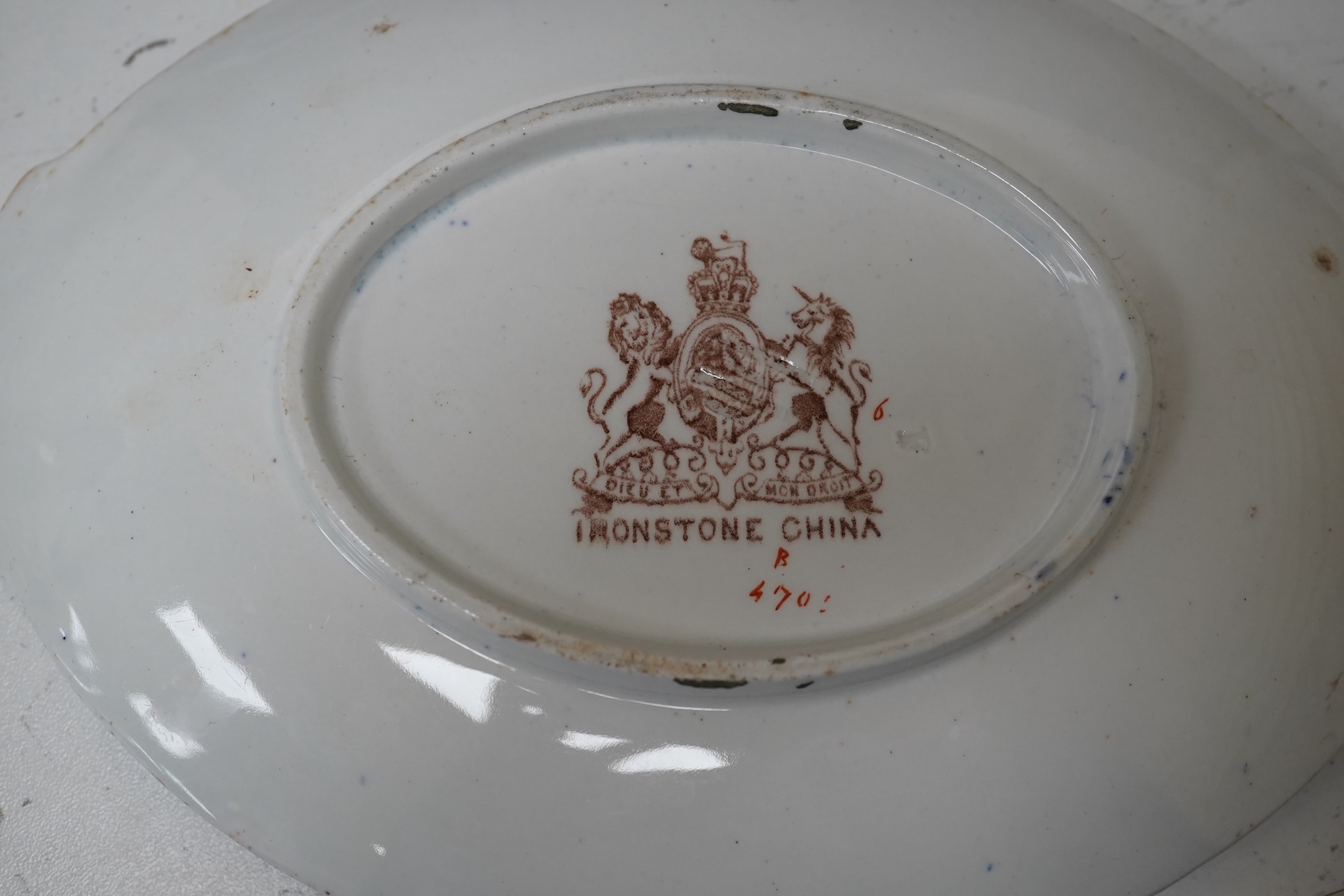 A Victorian Ironstone part set of floral decorated tableware. Condition - some items damaged